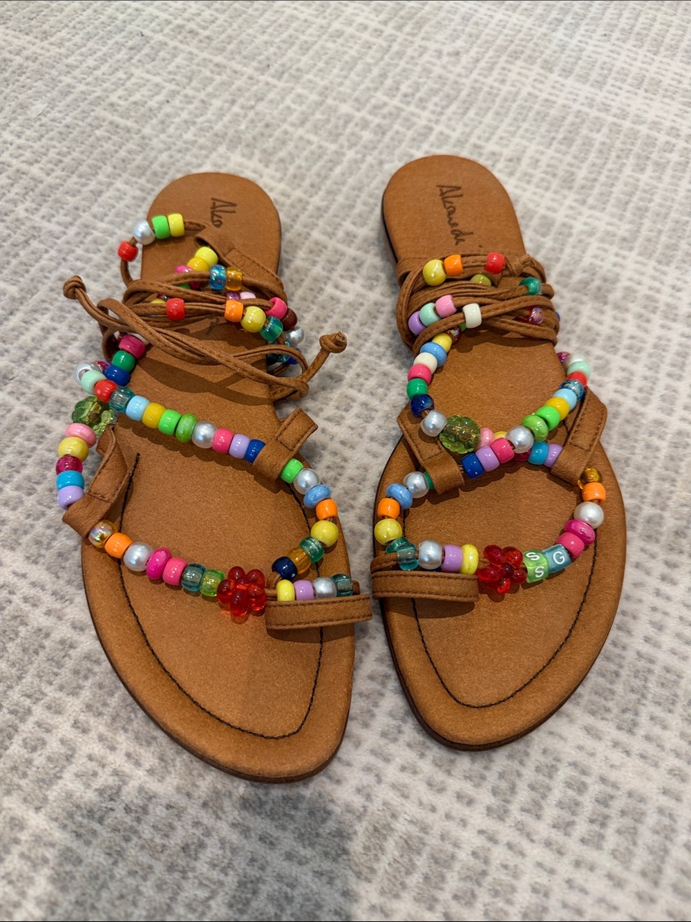 Brown Beaded Lace-Up Women's Sandals